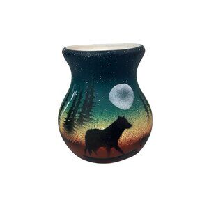 RWA Pottery Artist Signed 1999 4" Vase VTG Wolf Forest Southwestern Moon Art
